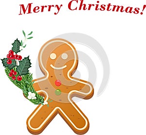 Holiday gingebread cookie with a branch of holly. Christmas nad New Year celebration. Vector illustration