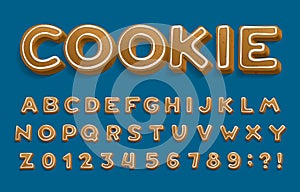 Holiday Ginger Cookie alphabet font. 3D Cartoon letters and numbers with icing sugar covering.