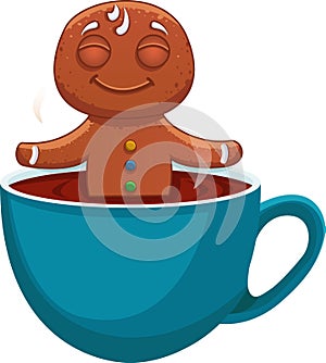 Holiday gingerbread Man cookie bathes in a cup of chocolate. Holiday decor for Christmas and new year design