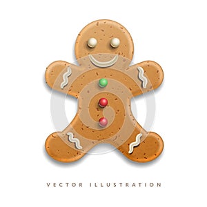 Holiday gingerbread man cookie with colored icing, isolated on white. Merry Christmas Holiday. Realistic vector