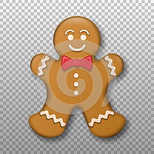 Holiday gingerbread man cookie. Happy new year decoration. Merry christmas holiday. Realistic holiday cookie in shape of man.