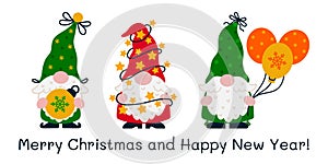 Holiday gnomes vector set. Cute funny elves are holding a Christmas tree toy, garland with stars and lights, balloons with