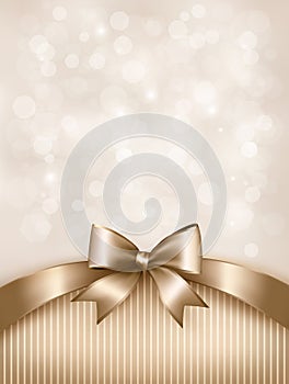 Holiday gold background with gift glossy bow and r