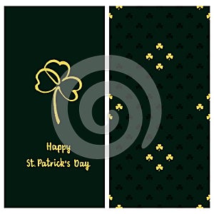 Holiday green set with a postcard with hand drawn golden clover and text happy saint Patrick`s day and clover seamless patt