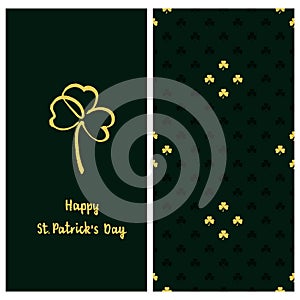 Holiday green set with a postcard with hand drawn golden clover and text happy saint Patrick`s day and clover seamless patt photo
