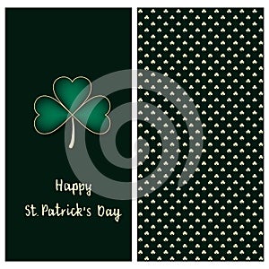 Holiday green set with a postcard with hand drawn silver clover and text happy saint Patrick`s day and clover seamless patt photo