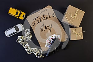 Holiday greeting card for father`s day with text on a black background, brutal