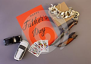 Holiday greeting card for father`s day with text on a gray background, brutal