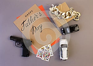 Holiday greeting card for father`s day with text on a gray background, brutal