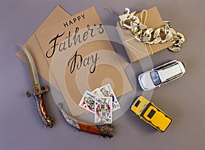 Holiday greeting card for father`s day with text on a gray background, brutal