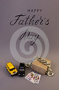Holiday greeting card for father`s day with text on a gray background, brutal photo