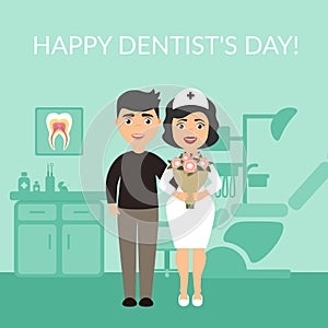 Holiday greeting card medical titles.Happy Dentist`s Day. The patient thanked the dentist. Bouquet of flowers. Vector in photo