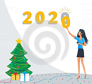 Holiday greeting card for Merry Christmas and Happy New Year 2020 with golden numbers, young business woman preparing to meet 2020