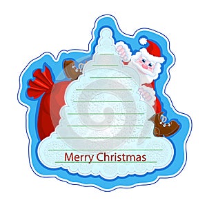 Holiday greeting sticker with a cheerful Santa Claus on a Christmas tree on a blue background. Frame for writing greetings in the