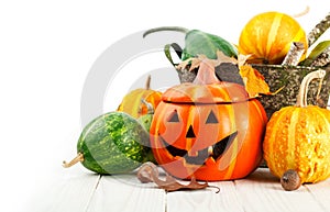 Holiday Halloween autumn decoration with jack-o-lantern pumpkins