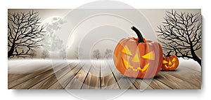 Holiday Halloween Banner with Pumpkins and Moon.