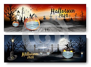 Holiday Halloween banners with pumpkins wearing medical face mask and silhouettes of bats, dead trees and big moon. Halloween