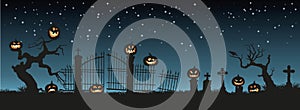 Holiday Halloween. Black silhouettes of pumpkins on the cemetery on night sky background. Graveyard and broken trees