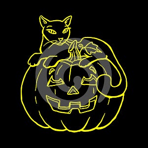Holiday Halloween, silhouette of a yellow glowing cat lies