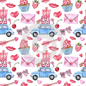 Holiday hand painted seamless pattern for valentines day. Pink and red hearts, lips, special delivery car with gift boxes, arrows