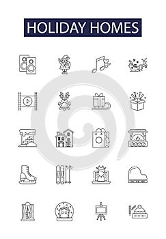 Holiday homes line vector icons and signs. rentals, lodges, bungalows, chalets, cottages, cabins, retreats, villas