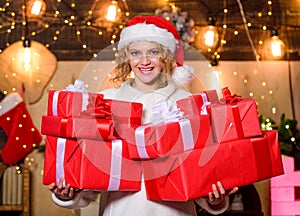 Holiday hustle and bustle. Happy woman hold gift boxes. Give and receive. Tips how to save money on christmas shopping
