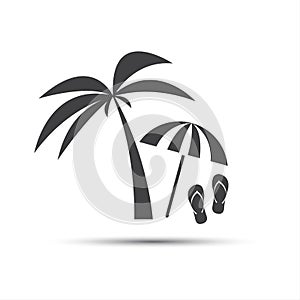 Holiday icon with palm, beach umbrella and flip flop