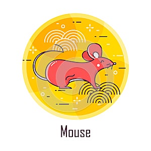 Holiday icon with red mouse and graphic elements in color circle. Thin line flat design.