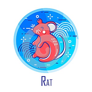 Holiday icon with red rat and graphic elements in blue circle. Thin line flat design.