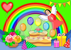 Holiday illustration for a birthday. With a big rainbow, flowers, balls, cake and angel