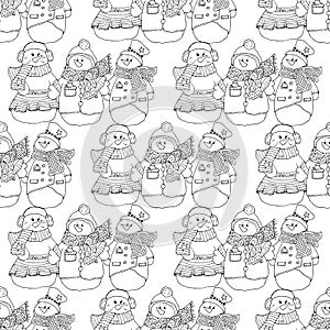 Holiday illustration. Christmas snowmen. New Year card. Winter figure. Seamless pattern.