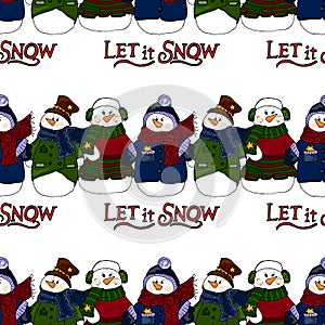 Holiday illustration. Christmas snowmen. New Year card. Winter figure. Seamless pattern.