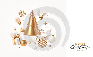 Holiday illustration with Christmas tree and golden decorations. New year and christmas greeting card.