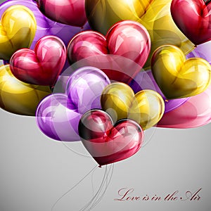 Holiday illustration of flying bunch of balloon hearts