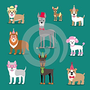 Holiday illustration for a party or birthday. Dogs in caps. Children`s stylized picture.