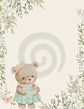 Holiday invitation, baby shower invitation, floral frame and cute animal,