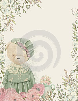 Holiday invitation, baby shower invitation, floral frame and cute animal,