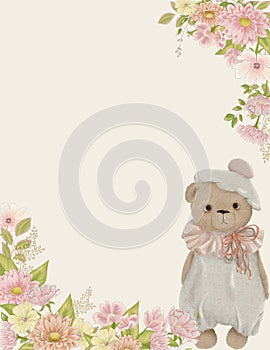 Holiday invitation, baby shower invitation, floral frame and cute animal,