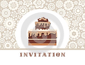 Holiday invitation, chocolate cake, floral background, light grey, vector.