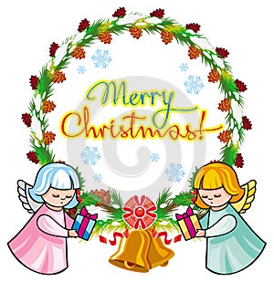 Holiday label with angels and written text `Merry Christmas!`.