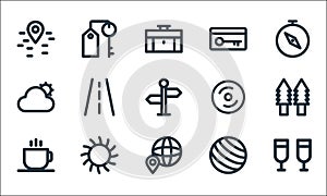 Holiday line icons. linear set. quality vector line set such as drinks, maps and location, hot drink, world wide web, sun, summer