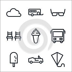 Holiday line icons. linear set. quality vector line set such as kite, car, ice cream, bus, ice cream, chairs, spectacles, caravan