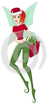 Holiday & Magic Christmas. Illustration of cute teen girl elf with gift box on white photo