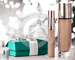 Holiday make-up foundation base, concealer and green gift box, luxury cosmetics present and blank label products for beauty brand