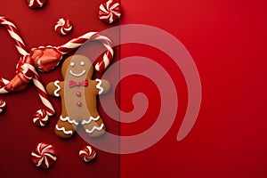 holiday man food delicious happy cookie red gingerbread christmas sweet decoration background. Generative AI.