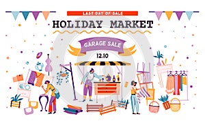 Holiday market. Bazaar sale retro banner with old furniture. Second Hand store. Selling clothes and antique accessories