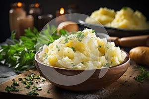 Holiday mashed Potatoes in bowl with fresh herbs, rustic background