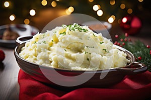 Holiday mashed Potatoes in bowl with fresh herbs, rustic background