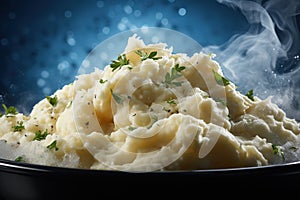 Holiday mashed Potatoes in bowl with fresh herbs, rustic background