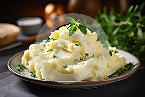 Holiday mashed Potatoes in bowl with fresh herbs, rustic background